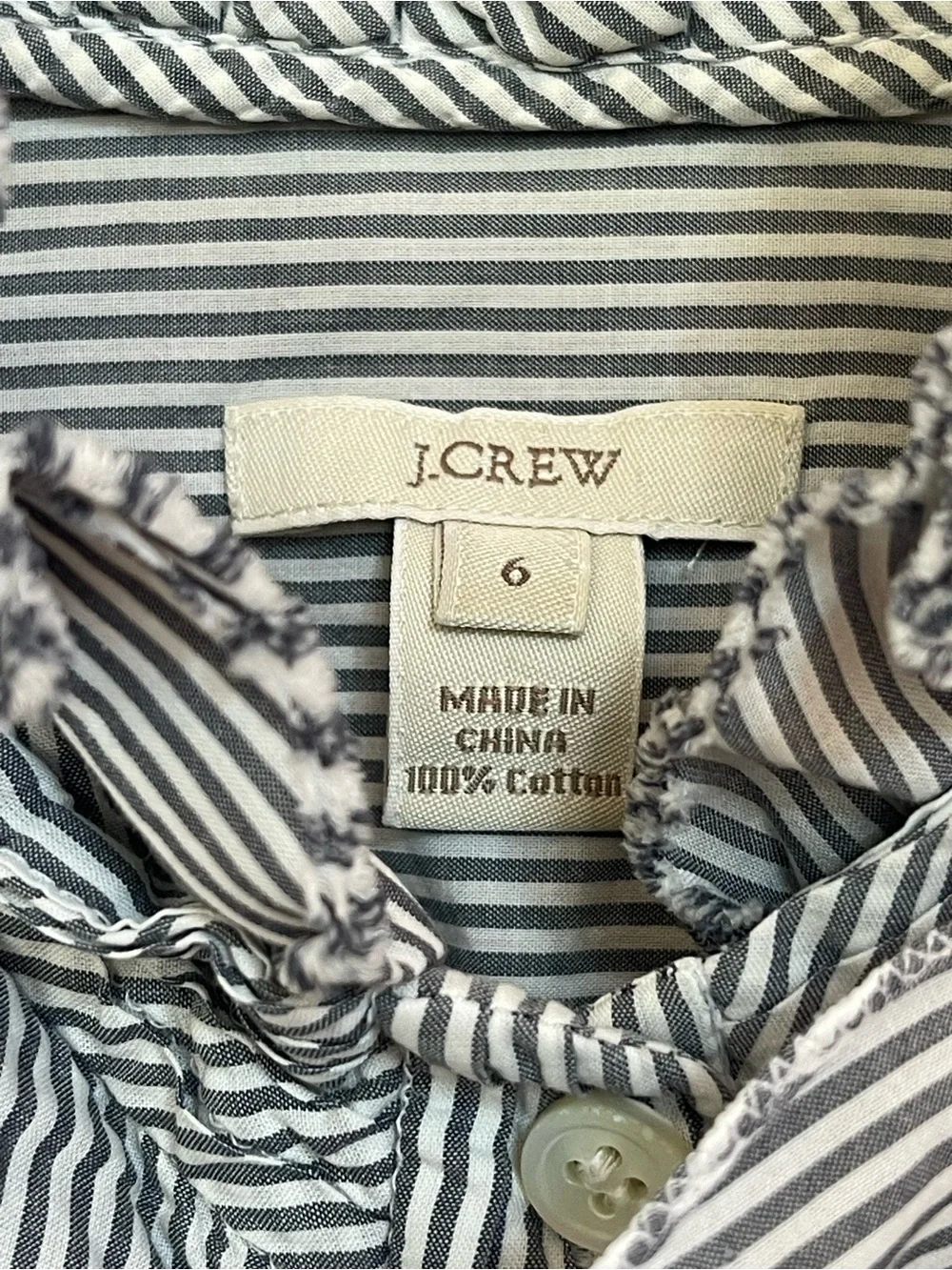 J. Crew Green and White Striped Ruffle Button-Down Blouse